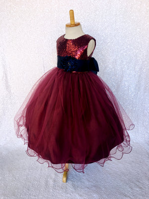 Burgundy Sequence Maroon Tulle 2 Layer Gown Navy Flower Velvet Sash