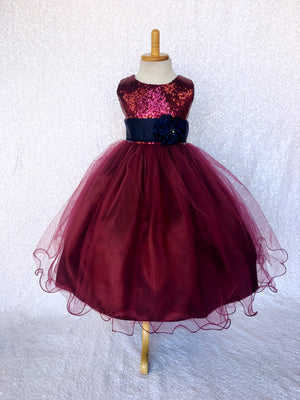 Burgundy Sequin Tulle 2 Layer Dress Hunter Green Velvet Flower Sash