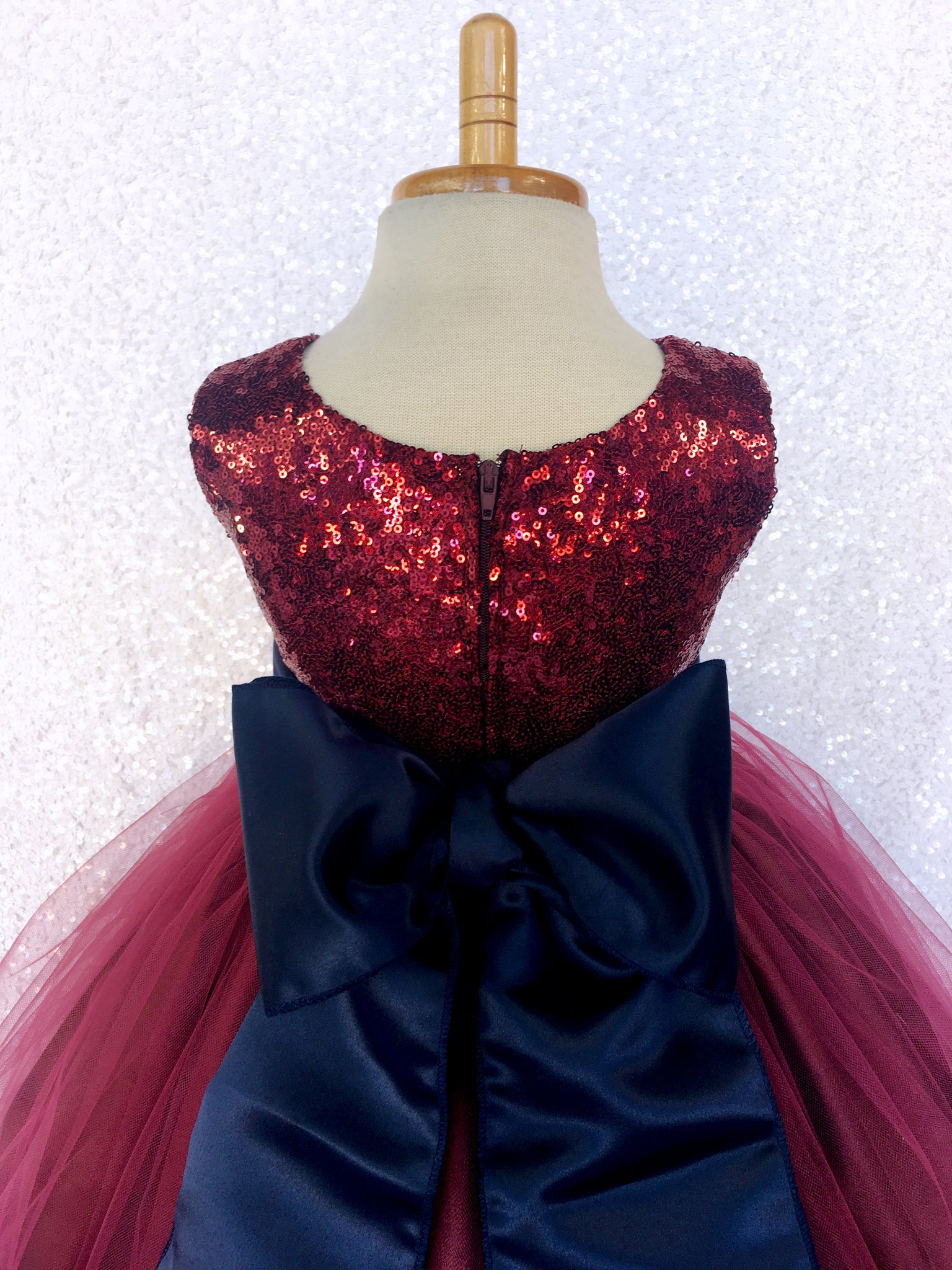 Burgundy Sequence Maroon Tulle 2 Layer Gown Navy Flower Velvet Sash