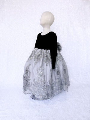 Velvet Black Long Sleeve Silver Gray Embroidery Bow Gown