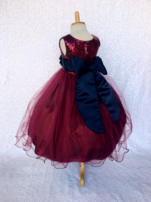 Burgundy Sequence Maroon Tulle 2 Layer Gown Navy Flower Velvet Sash