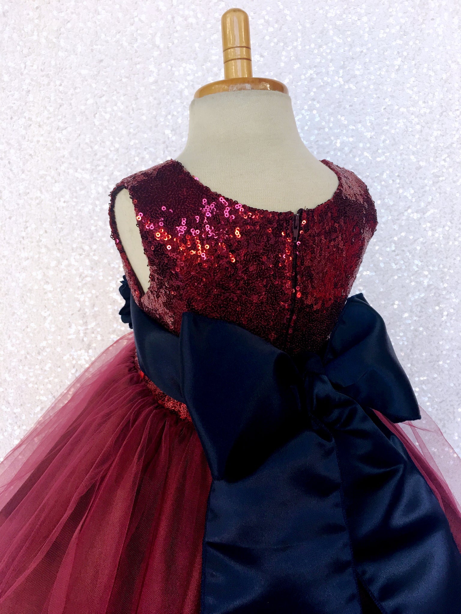 Burgundy Sequence Maroon Tulle 2 Layer Gown Navy Flower Velvet Sash