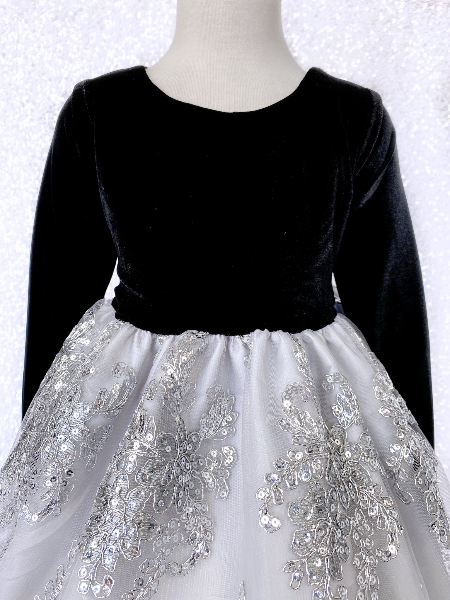 Velvet Black Long Sleeve Silver Embroidery Red Bow Dress