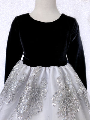 Velvet Black Long Sleeve Silver Gray Embroidery Bow Gown