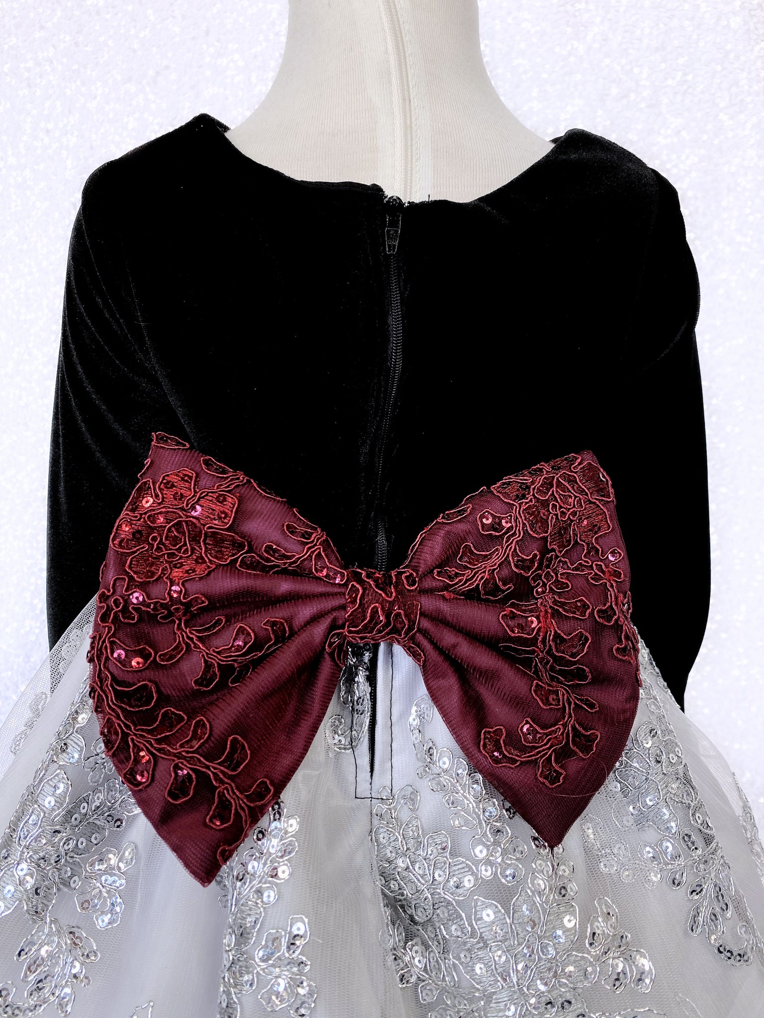 Velvet Black Long Sleeve Silver Embroidery Red Bow Dress