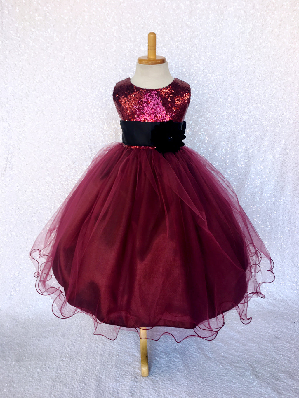 Burgundy Mini Sequence Maroon 2 Layer Tulle Dress Black Sash Velvet Flower