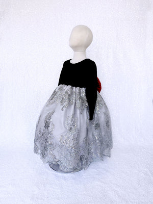 Velvet Black Long Sleeve Silver Embroidery Red Bow Dress