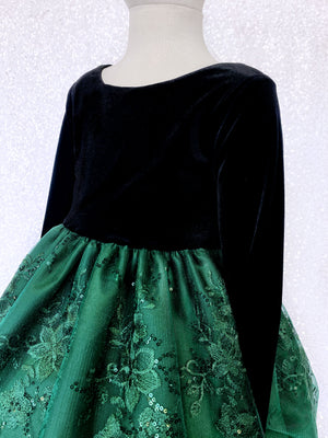 Chic Formal Hunter Green Embroidery Silver Bow Velvet Black Long Sleeve Gown