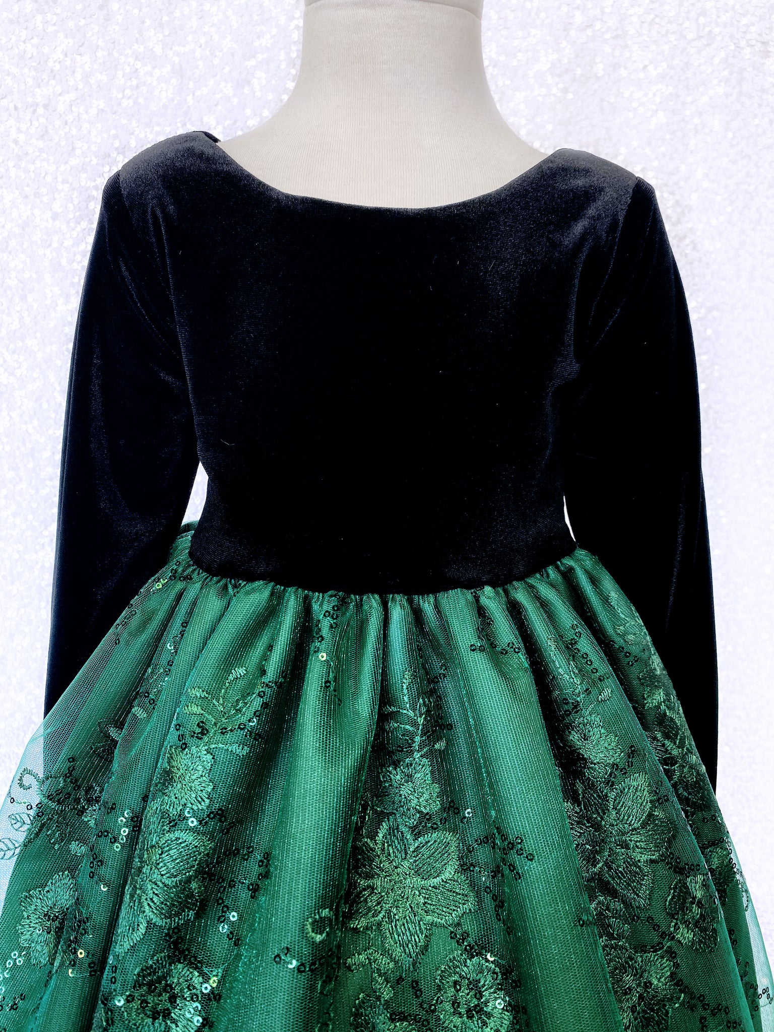 Velvet Long Sleeve Black Embroidery Hunter Green Bow Gown