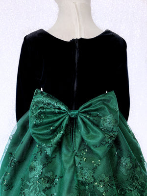 Velvet Long Sleeve Black Embroidery Hunter Green Bow Gown