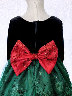 Long Sleeve Black Velvet Hunter Green Embroidery Bow Dress