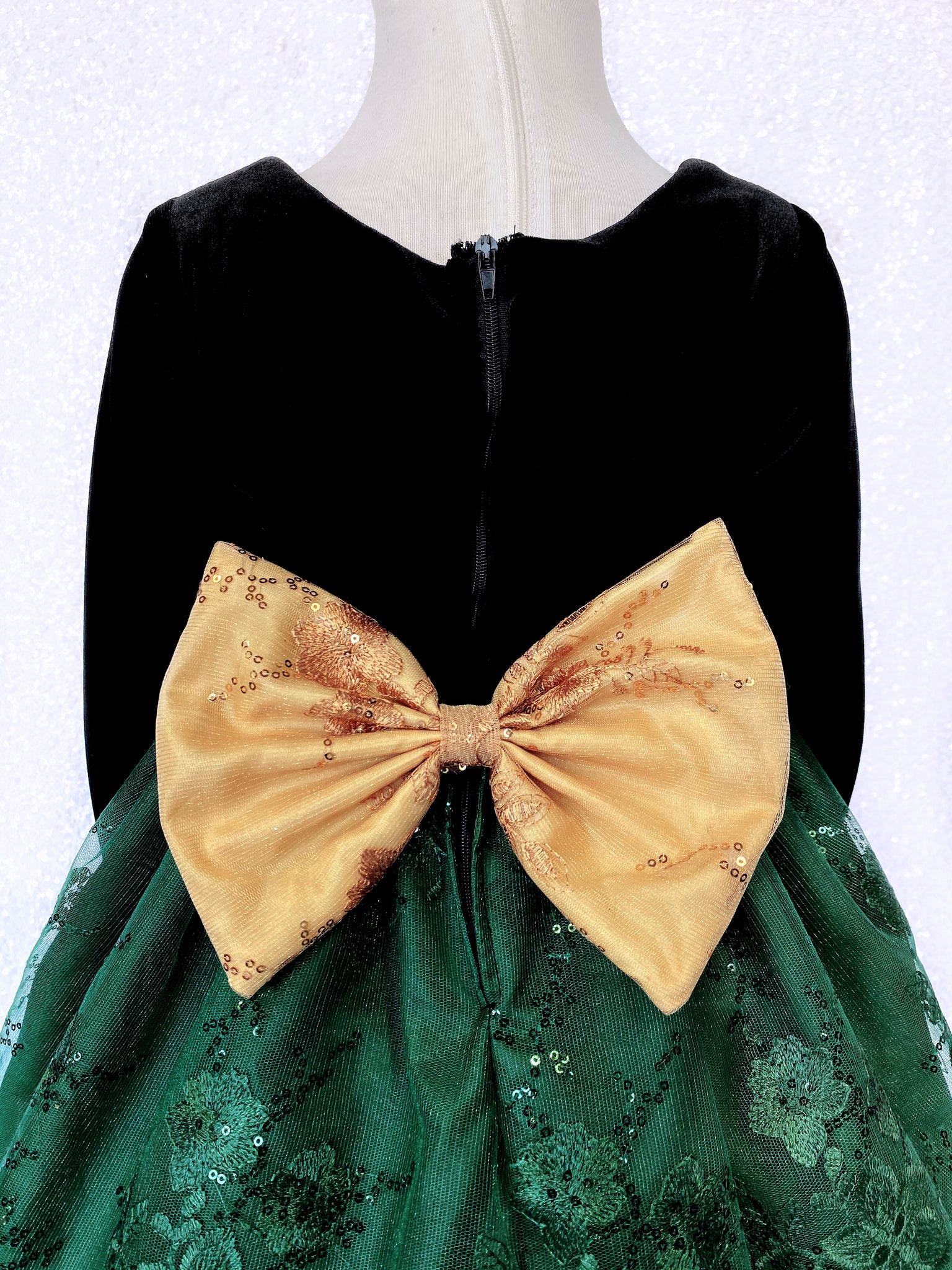 Velvet Long Sleeve Black Embroidery Hunter Green Bow Gown