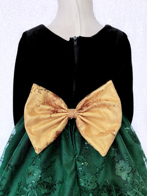 Long Sleeve Black Velvet Hunter Green Embroidery Bow Dress