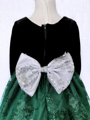 Velvet Long Sleeve Black Embroidery Hunter Green Bow Gown