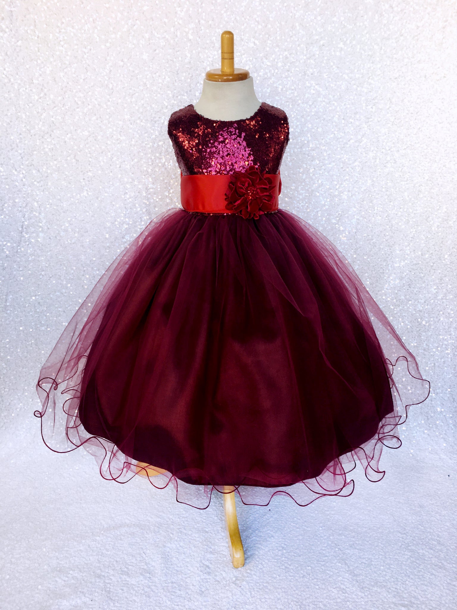 Sequin 2 Layer Burgundy Maroon Fishing Line Tulle Dress Royal Blue Satin Sash Velvet Flower