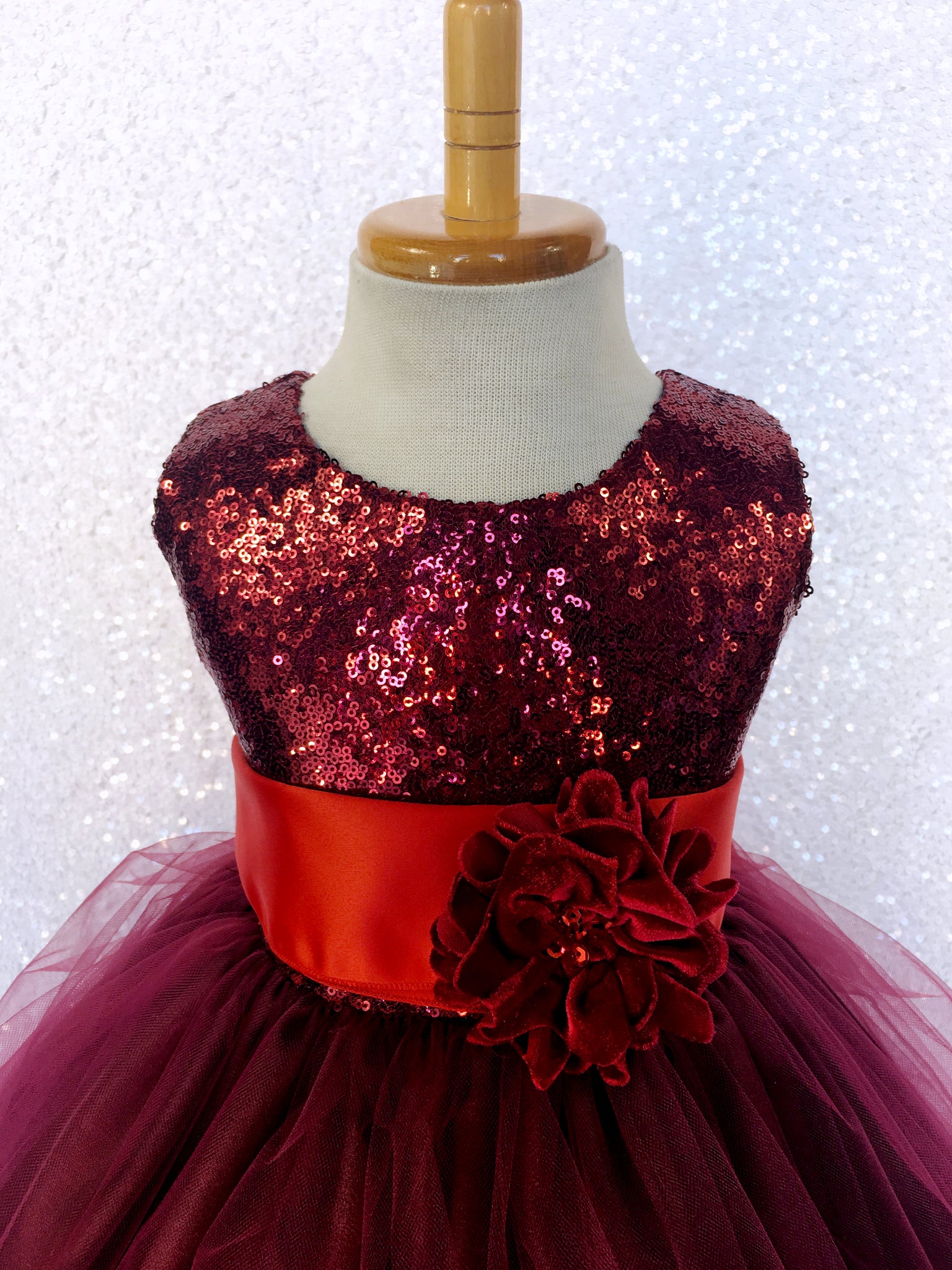 Maroon Burgundy Mini Sequence 2 Layer Tulle Dress Red Sash Velvet Flower