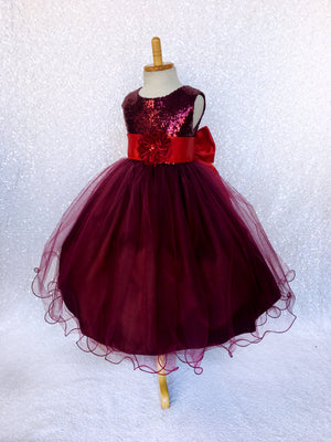 Maroon Burgundy Mini Sequence 2 Layer Tulle Dress Red Sash Velvet Flower