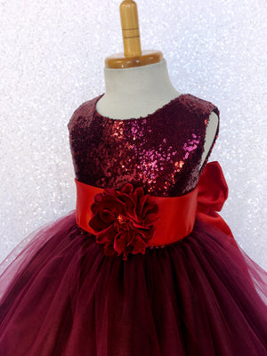 Maroon Burgundy Mini Sequence 2 Layer Tulle Dress Red Sash Velvet Flower