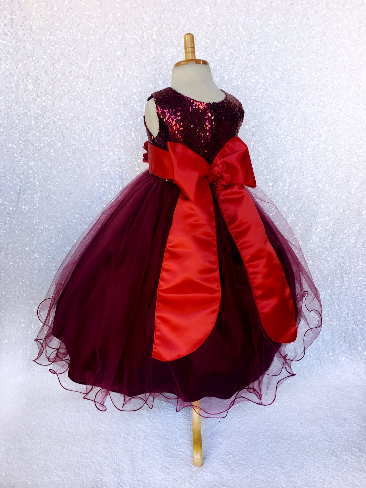 Maroon Burgundy Mini Sequence 2 Layer Tulle Dress Red Sash Velvet Flower