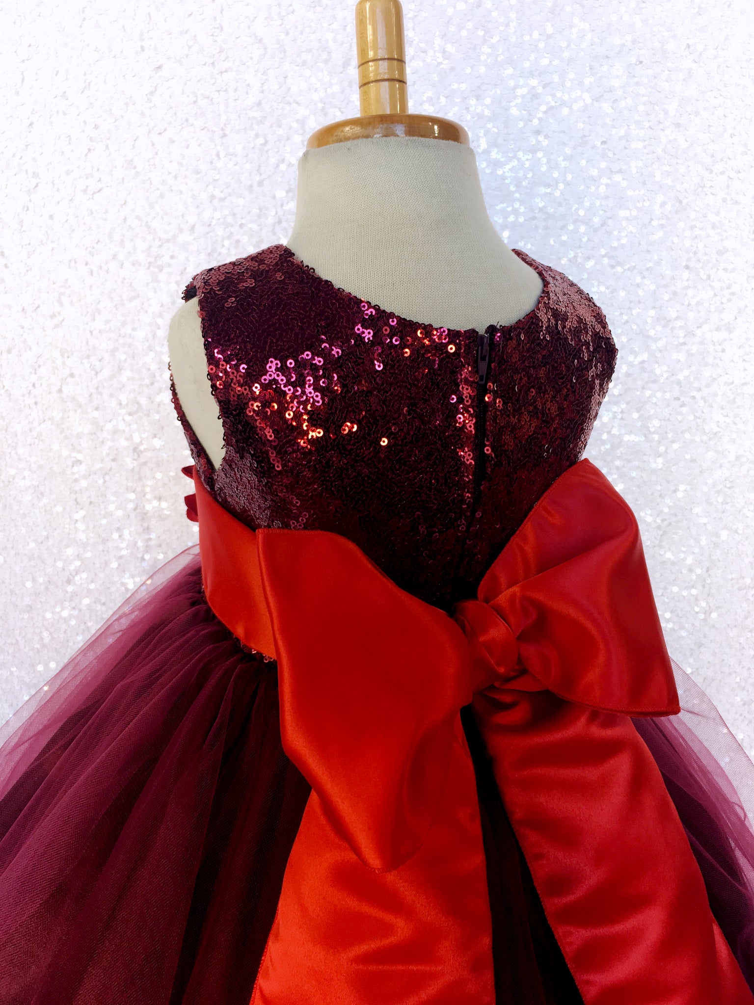 Maroon Burgundy Mini Sequence 2 Layer Tulle Dress Red Sash Velvet Flower