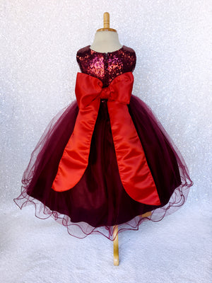 Maroon Burgundy Mini Sequence 2 Layer Tulle Dress Red Sash Velvet Flower