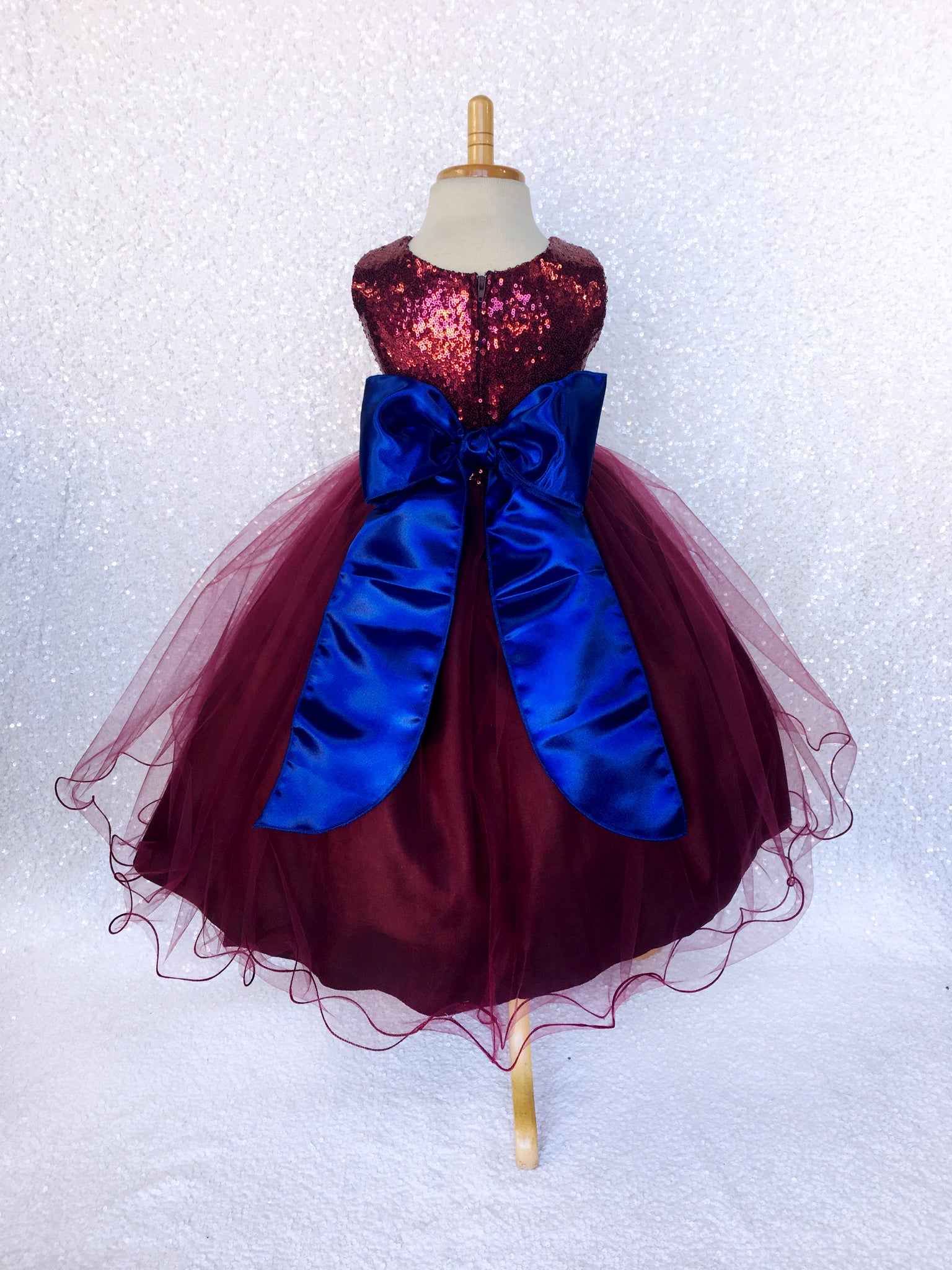 Sequin 2 Layer Burgundy Maroon Fishing Line Tulle Dress Royal Blue Satin Sash Velvet Flower