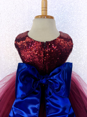 Sequin 2 Layer Burgundy Maroon Fishing Line Tulle Dress Royal Blue Satin Sash Velvet Flower