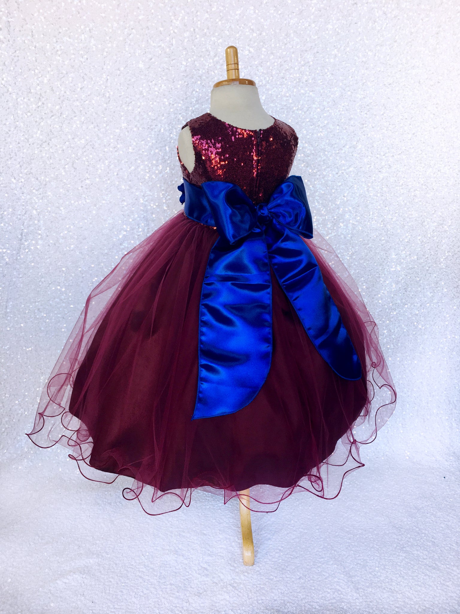 Sequin 2 Layer Burgundy Maroon Fishing Line Tulle Dress Royal Blue Satin Sash Velvet Flower