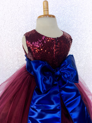 Sequin 2 Layer Burgundy Maroon Fishing Line Tulle Dress Royal Blue Satin Sash Velvet Flower