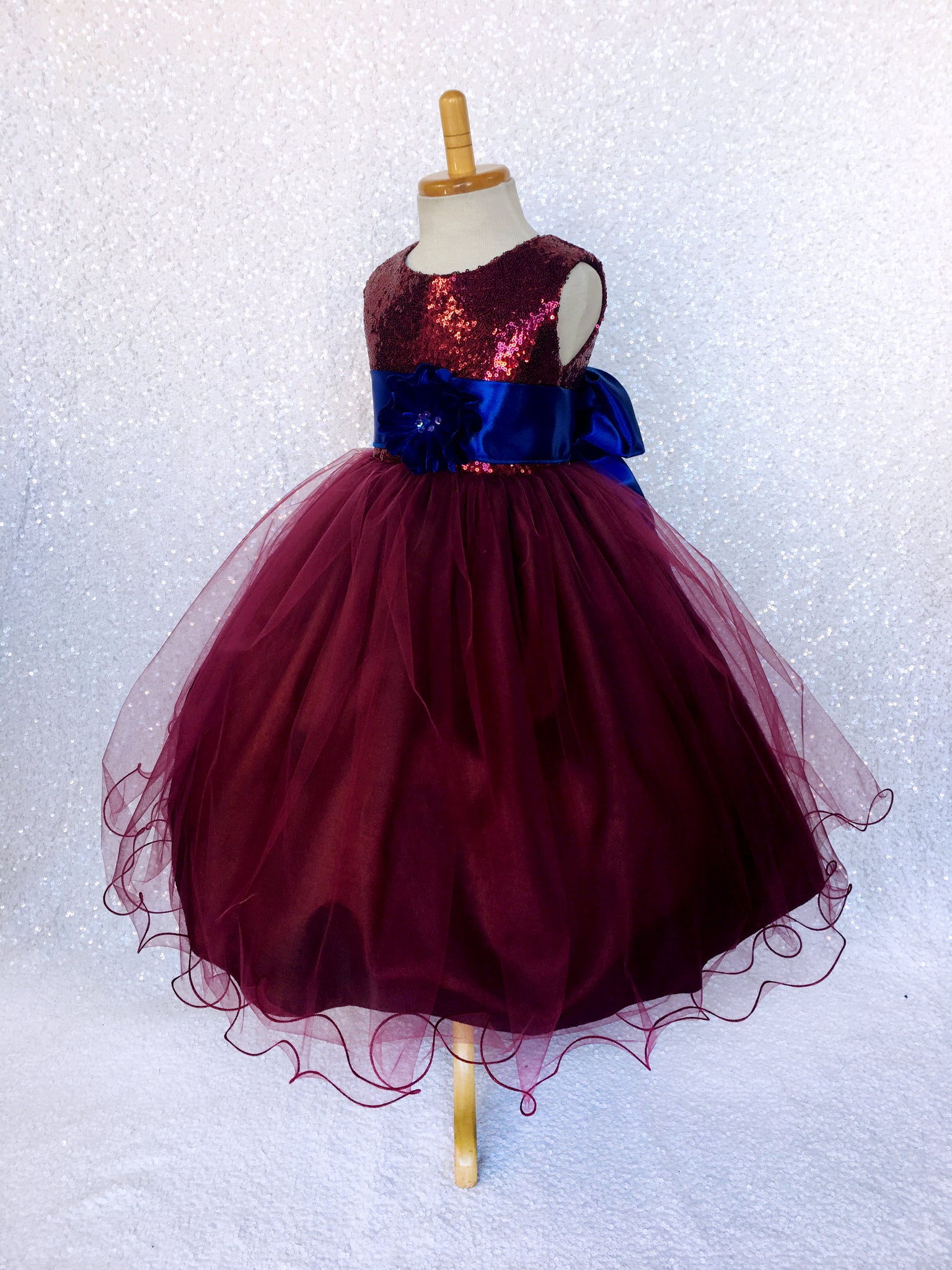 Sequin 2 Layer Burgundy Maroon Fishing Line Tulle Dress Royal Blue Satin Sash Velvet Flower