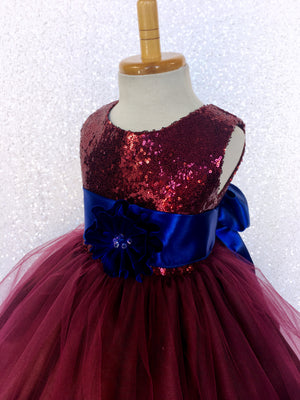 Sequin 2 Layer Burgundy Maroon Fishing Line Tulle Dress Royal Blue Satin Sash Velvet Flower