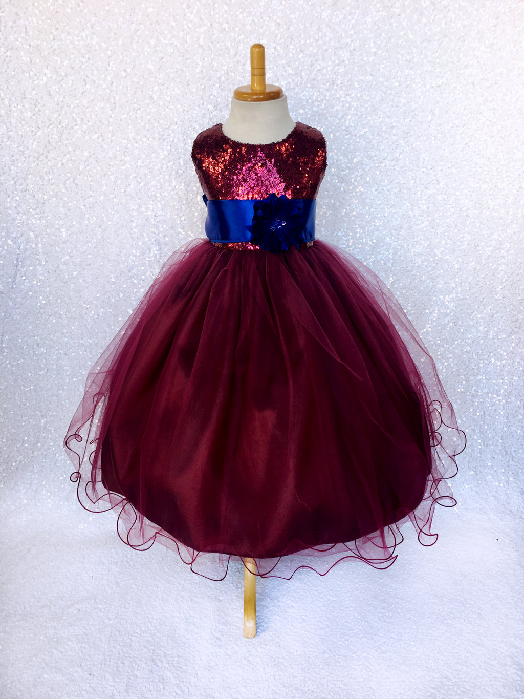 Sequin 2 Layer Burgundy Maroon Fishing Line Tulle Dress Royal Blue Satin Sash Velvet Flower