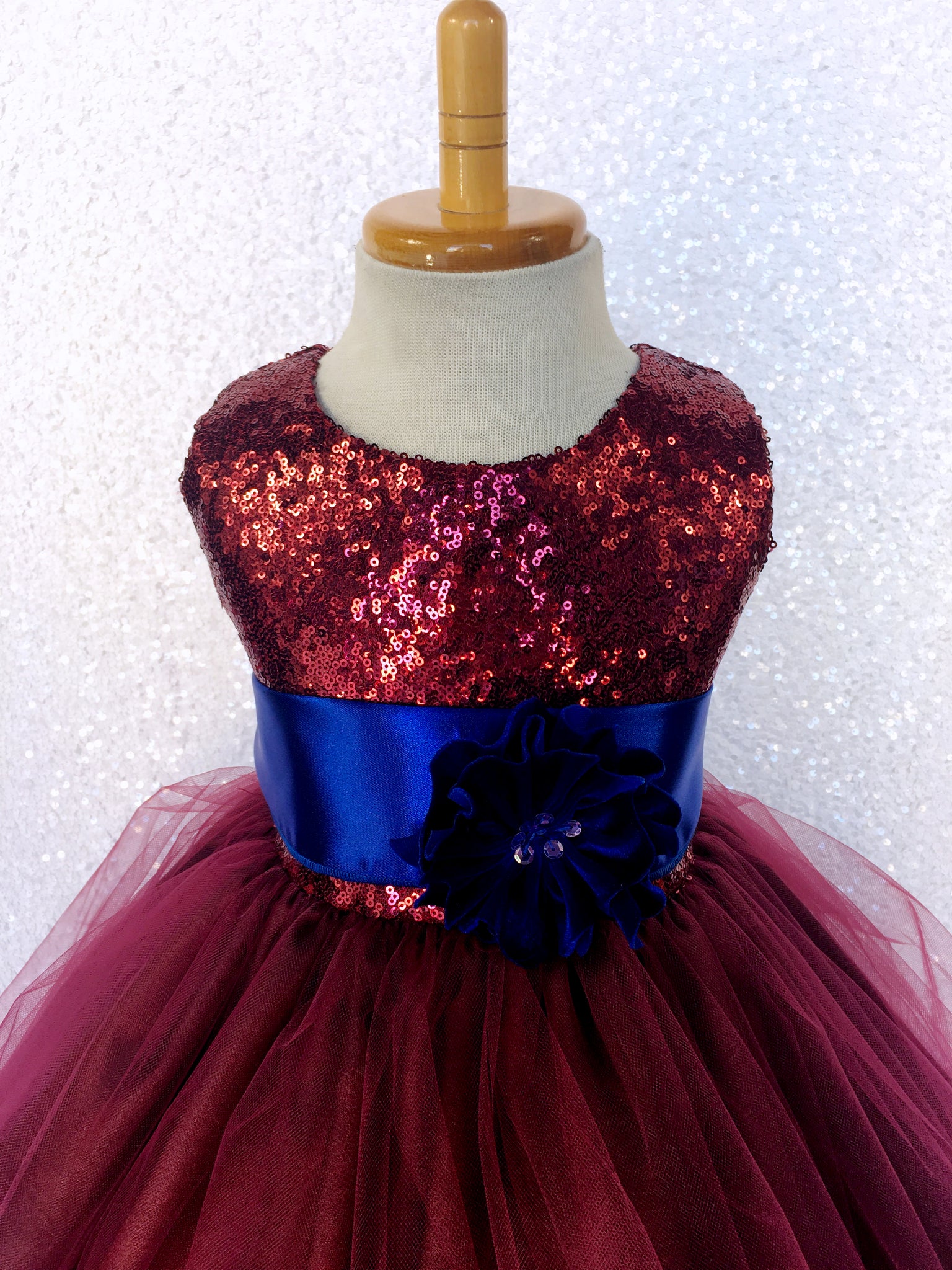 Sequin 2 Layer Burgundy Maroon Fishing Line Tulle Dress Royal Blue Satin Sash Velvet Flower