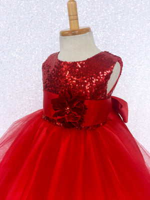 Red Mini Sequin Tulle Fishing Line Dress Velvet Flower