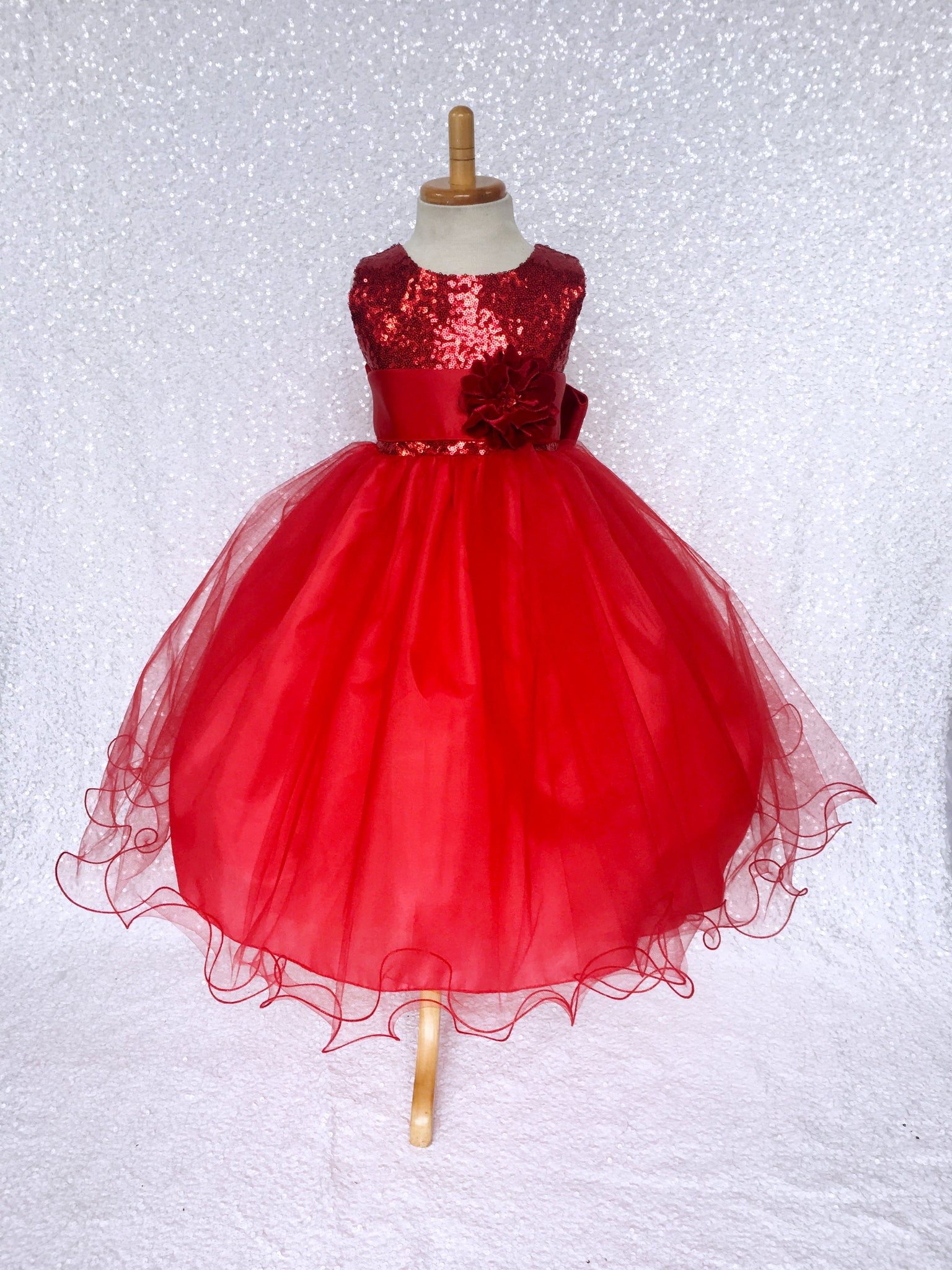 Red Mini Sequin 2 Layer Tulle Gown Olive Green Sash Flower