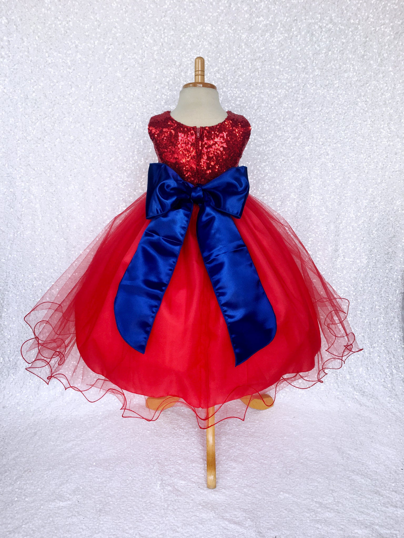 Red 2 Layer Tulle Fishing Line Sequence Dress Royal Blue Sash Velvet Flower