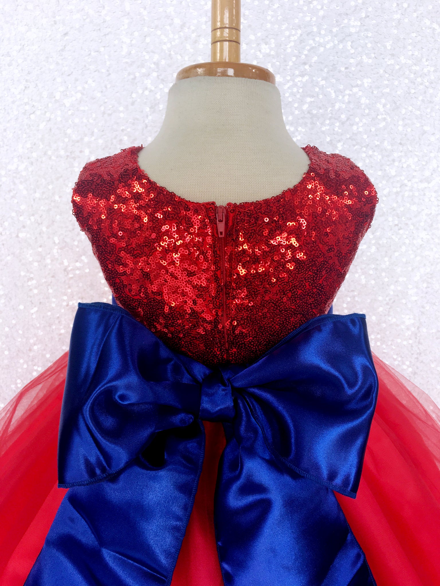 Red 2 Layer Tulle Fishing Line Sequence Dress Royal Blue Sash Velvet Flower