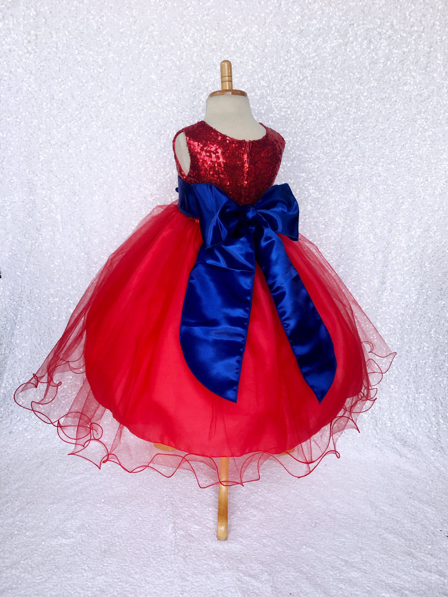 Red 2 Layer Tulle Fishing Line Sequence Dress Royal Blue Sash Velvet Flower