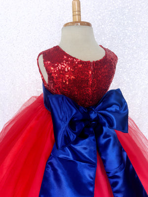 Red 2 Layer Tulle Fishing Line Sequence Dress Royal Blue Sash Velvet Flower