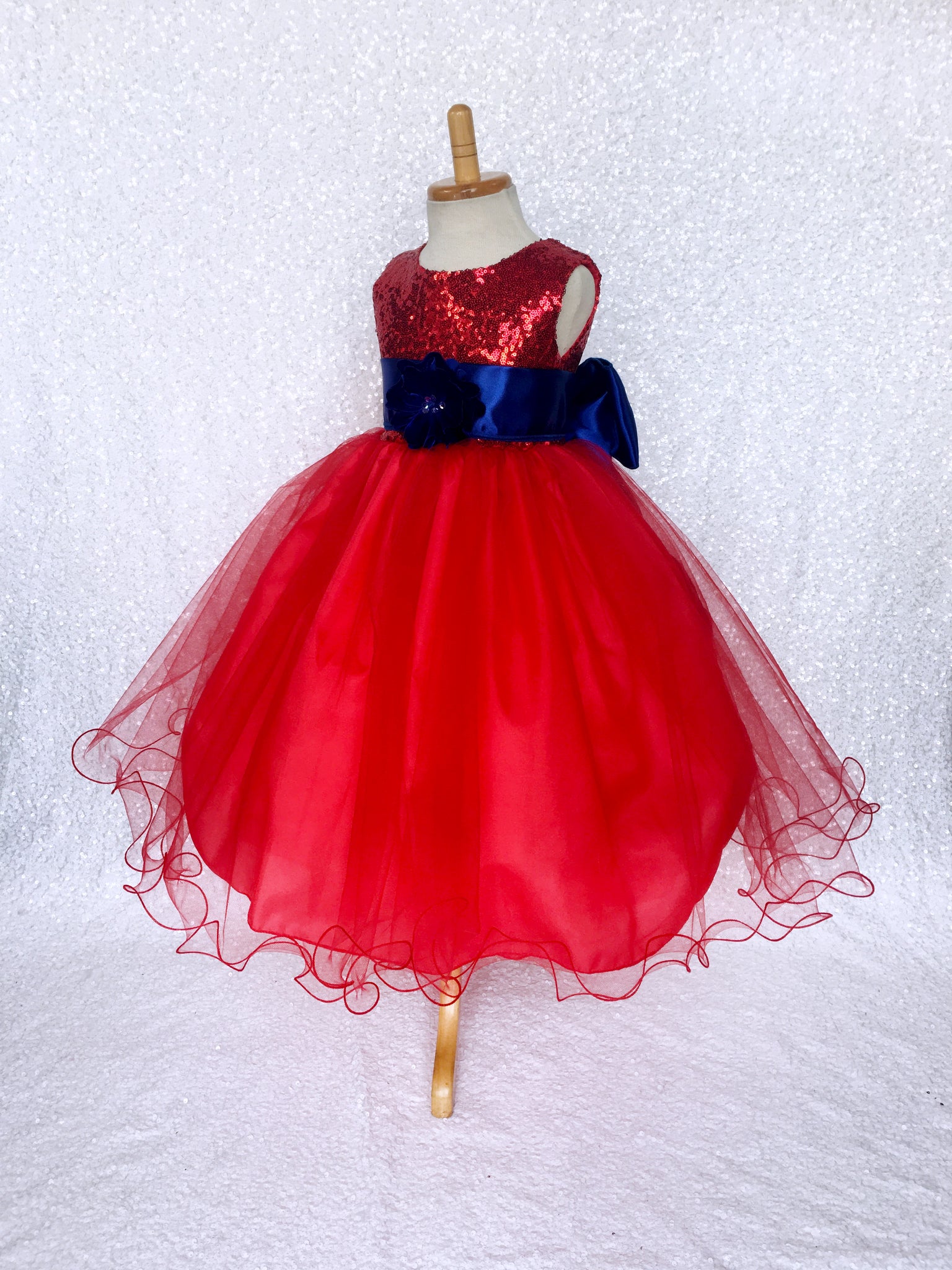 Red 2 Layer Tulle Fishing Line Sequence Dress Royal Blue Sash Velvet Flower