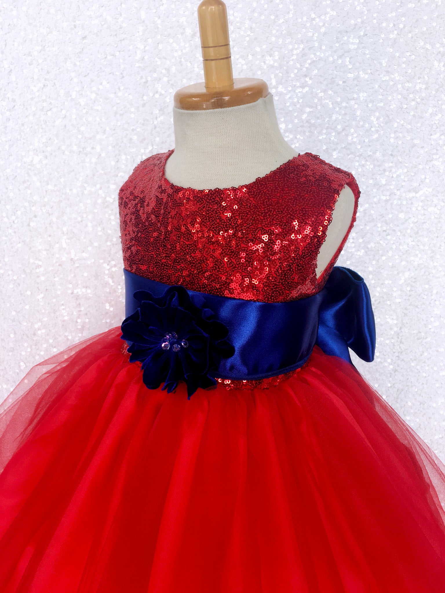 Red 2 Layer Tulle Fishing Line Sequence Dress Royal Blue Sash Velvet Flower