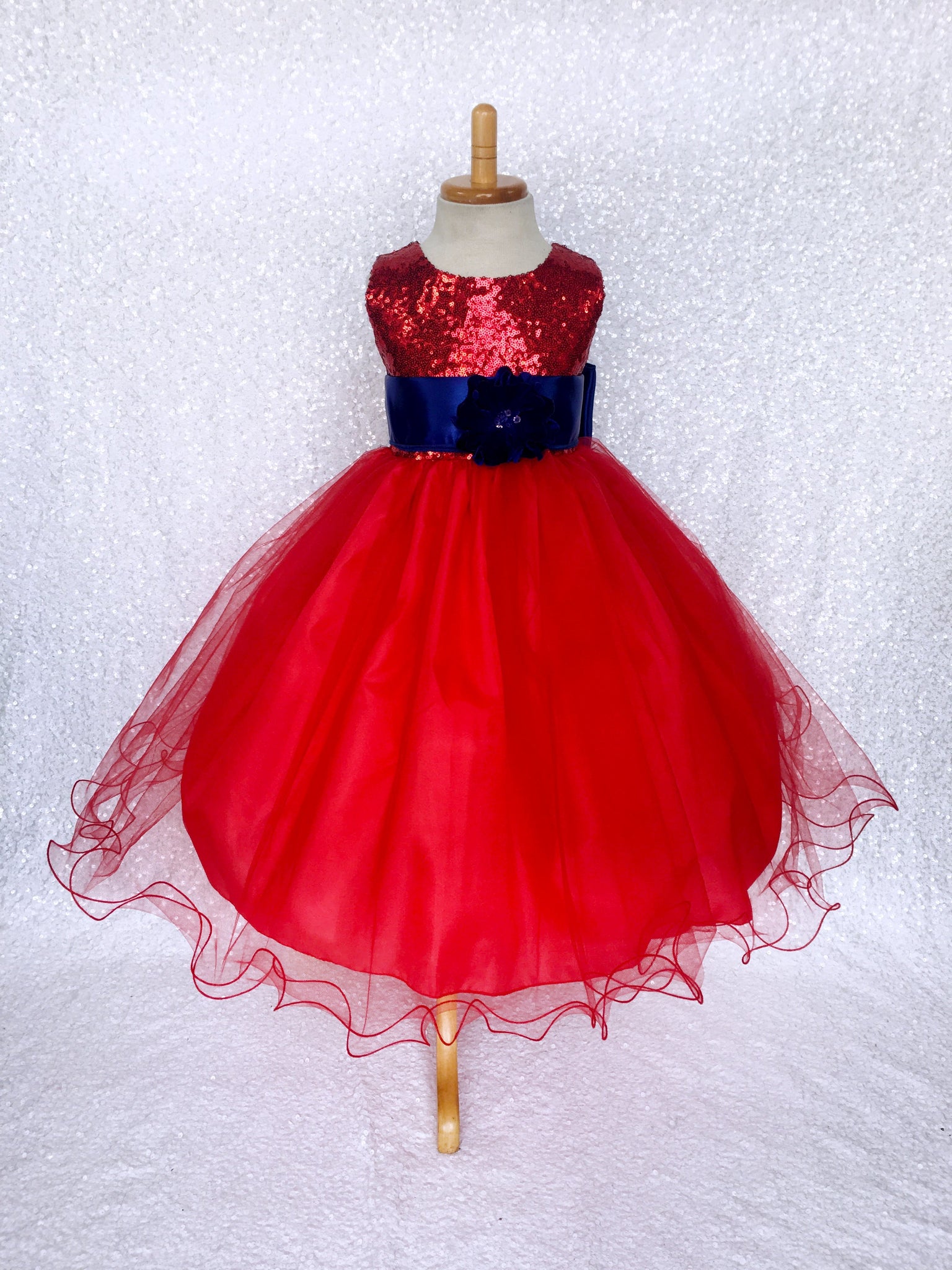 Fishing Line 2 Layer Tulle Red Sequin Gown Gold Sash Flower