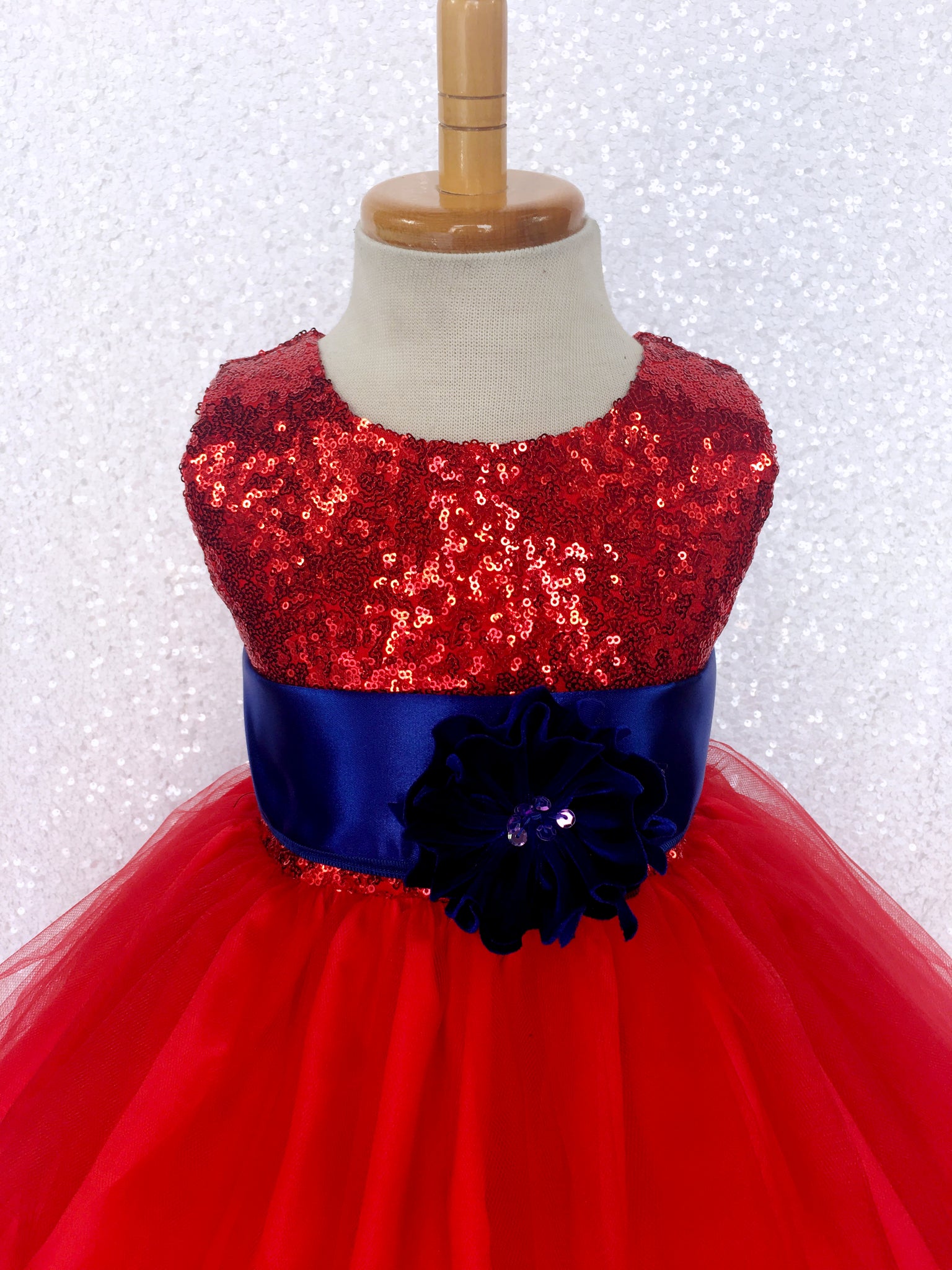 Red 2 Layer Tulle Fishing Line Sequence Dress Royal Blue Sash Velvet Flower