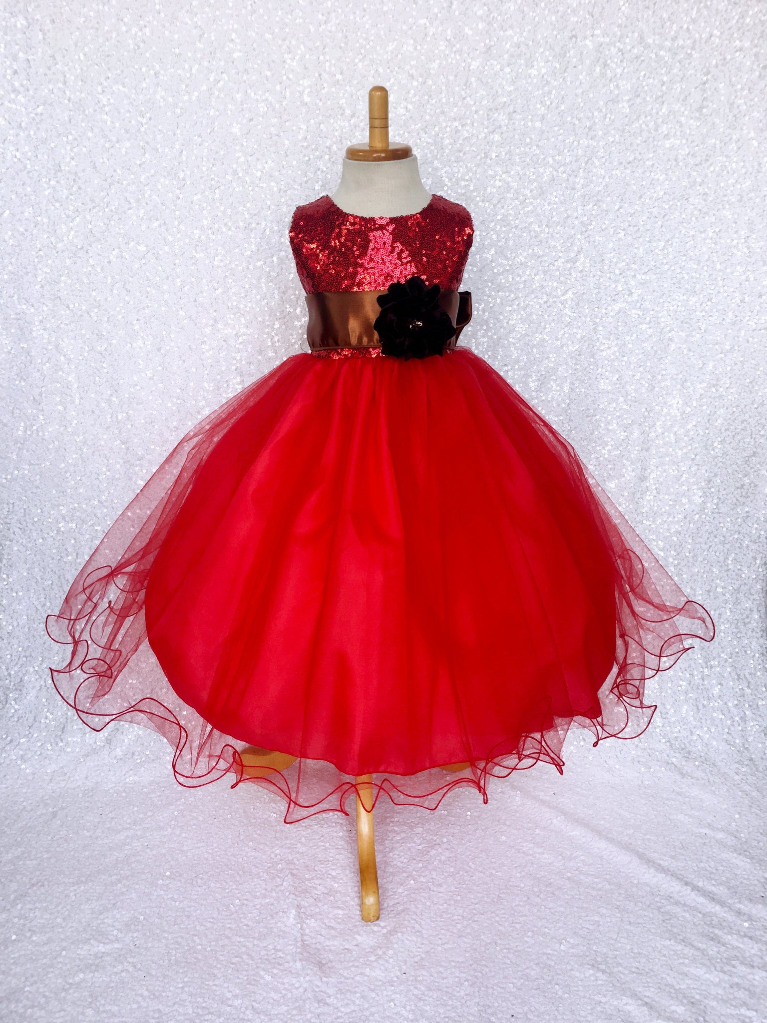 Red Mini Sequin 2 Layer Tulle Gown Olive Green Sash Flower