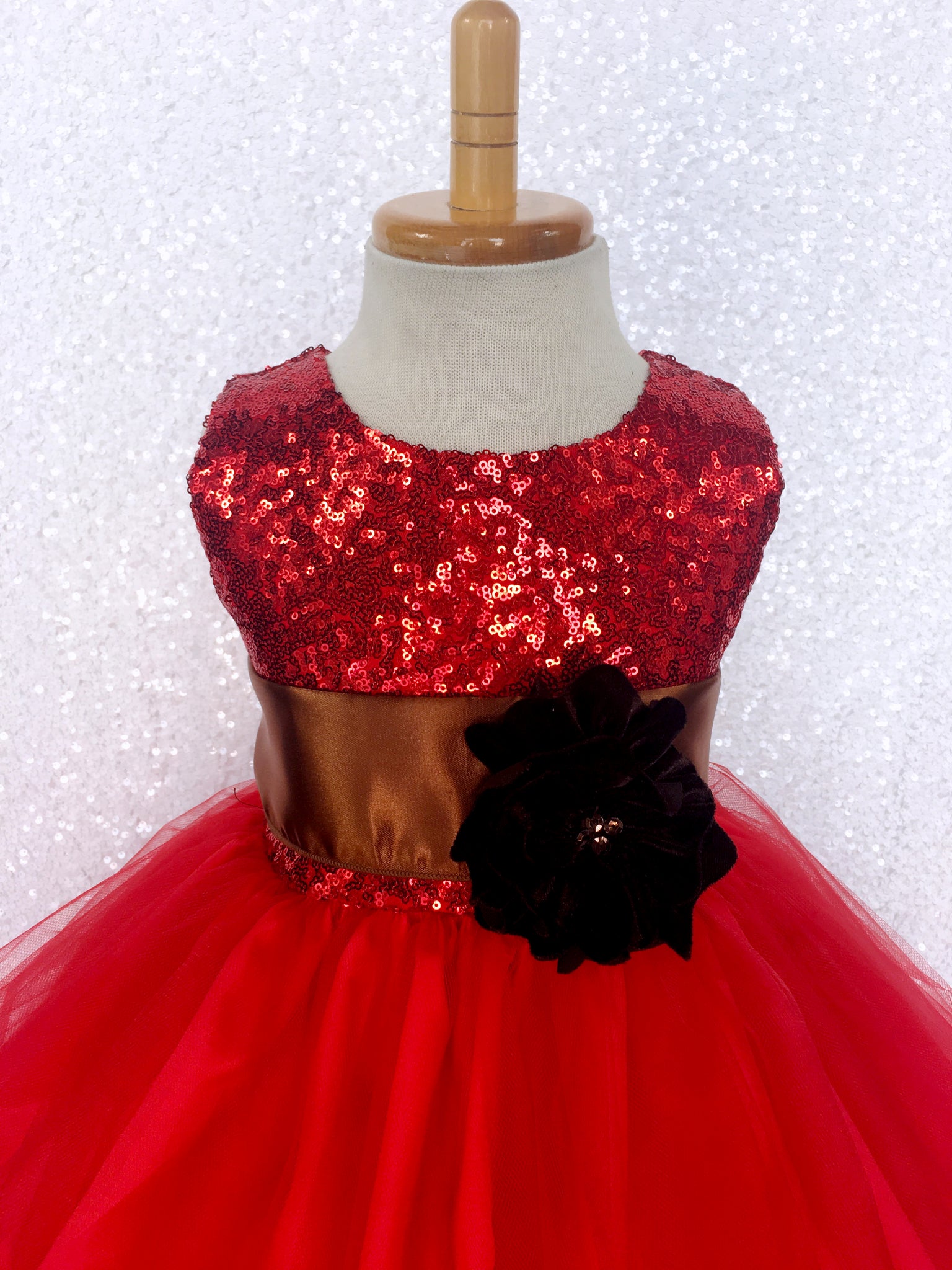 Sequence Fishing Line Tulle Red Dress Brown Sash Velvet Flower