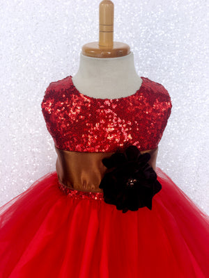 Sequence Fishing Line Tulle Red Dress Brown Sash Velvet Flower