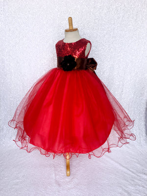 Sequence Fishing Line Tulle Red Dress Brown Sash Velvet Flower