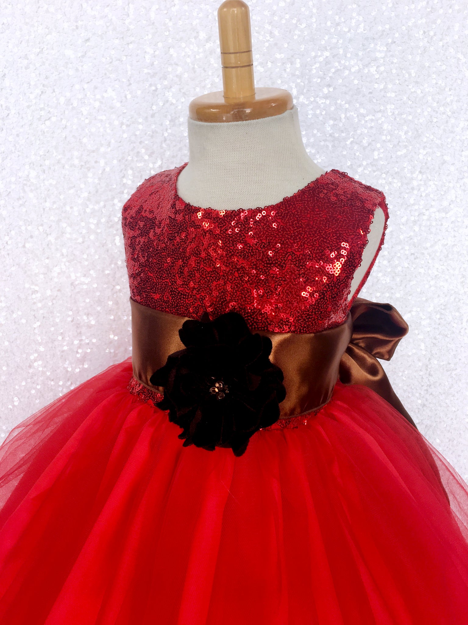 Sequence Fishing Line Tulle Red Dress Brown Sash Velvet Flower