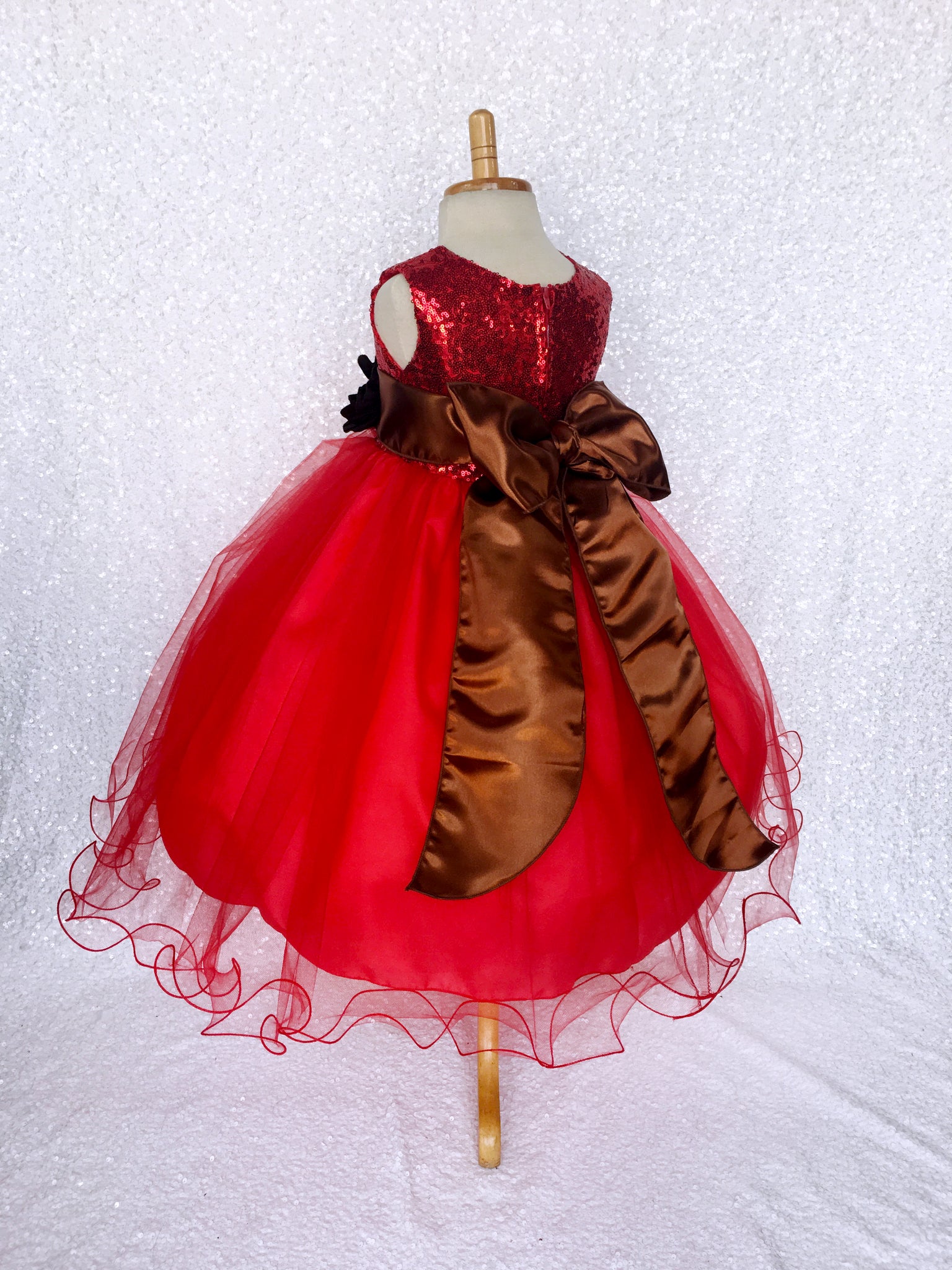 Sequence Fishing Line Tulle Red Dress Brown Sash Velvet Flower