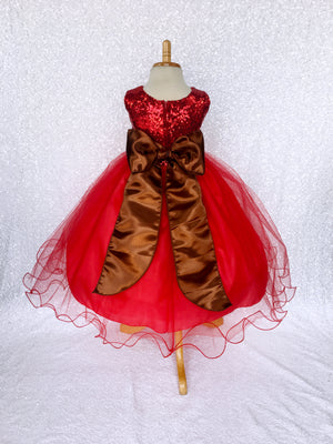 Sequence Fishing Line Tulle Red Dress Brown Sash Velvet Flower